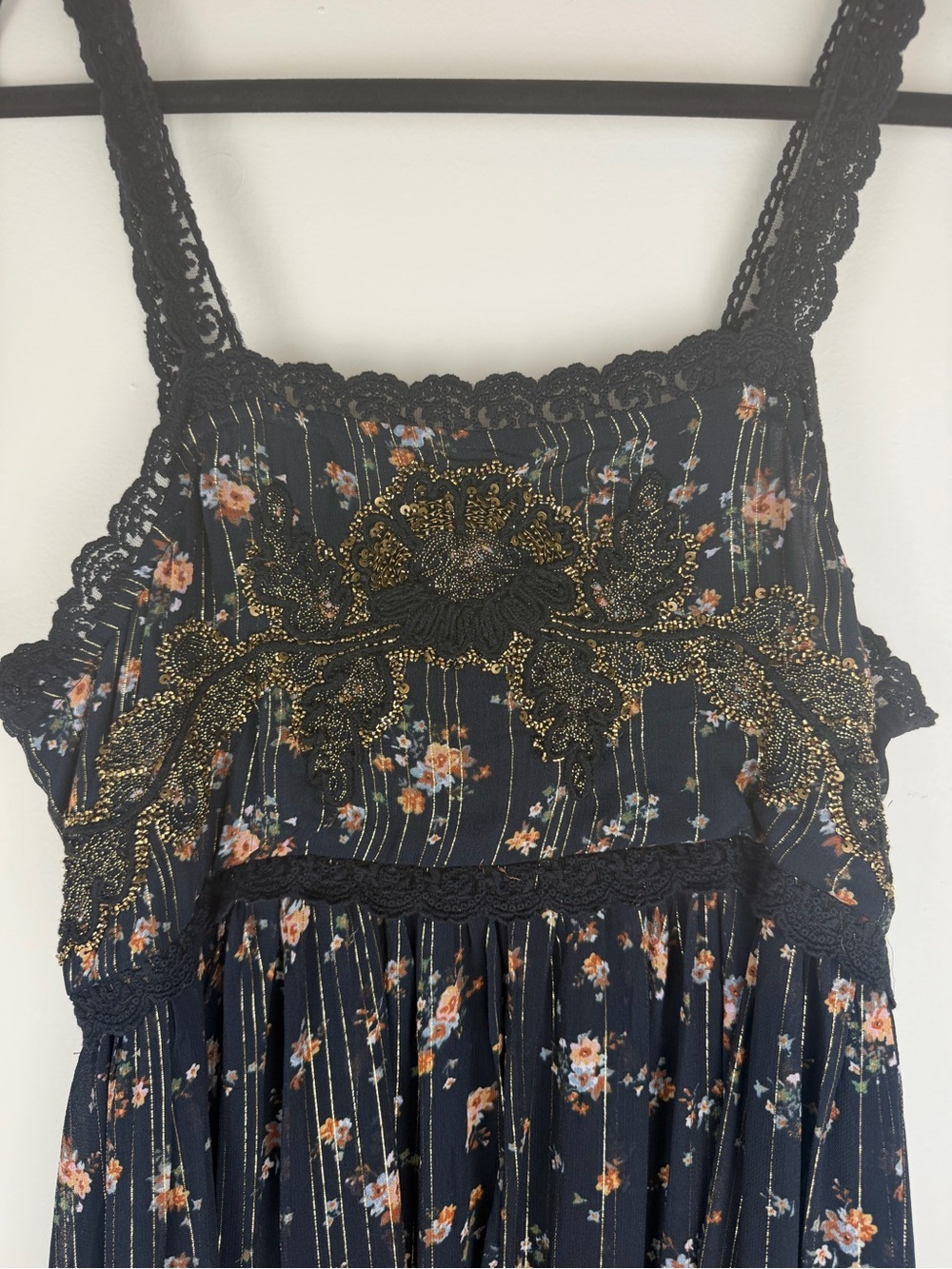 ZARA Tiered Chiffon Embroidered Floral Lace Metallic Stripe Black Dress Small - Picture 4 of 7